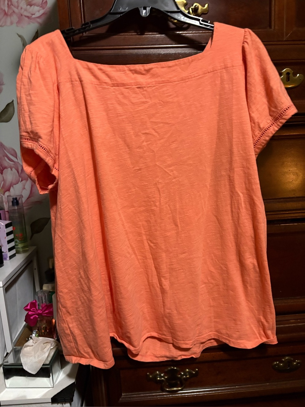 St. John's Bay Coral-Orange Square Neck Short Sleeve Top